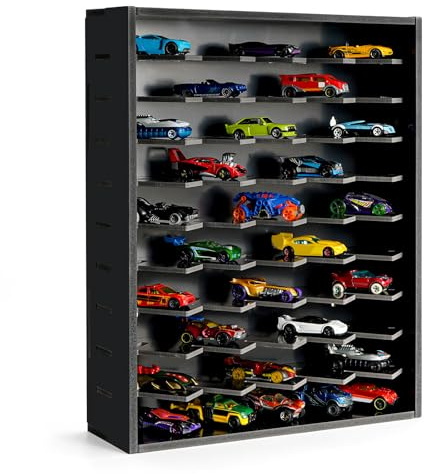Krafetto Toy Car Display Shelf, Holds 50 Diecast 1/64 Toy Cars, Wall Mount Model Car Storage Organize Case, Desktop Toy Cars Garage, Black