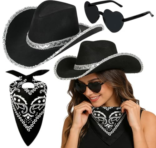 JynxtoyZeal Western Cowboy Hut Set für Männer und Frauen, 3pcs Cowgirl Kostüm Zubehör Set, Hut Brille Kopftuch für Maskerade Hen Partys, Bachelor Party Cosplay & Theme nveranstaltungen