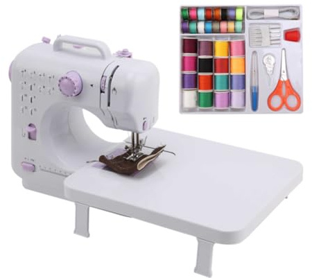 Nicoone Nähmaschine für Anfänger,Mini-Nähmaschine mit Anschiebetisch,12-Stiche-Nähmaschines mit LED-Lich,Strom und Batteriebetrieb,für Kleidung,Kissenbezüge,Bettlaken