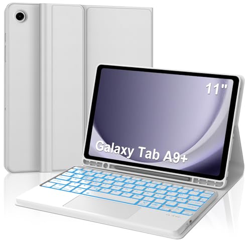 Occtingkind Hülle mit Tastatur für Samsung Galaxy Tab A9+ 11 (2023, SM-X210/X215/X216), Deutsch QWERTZ mit 7-Farben-Beleuchtung und Touchpad, mit Bluetooth 5.0, 120 Tage Standby, Steingrau