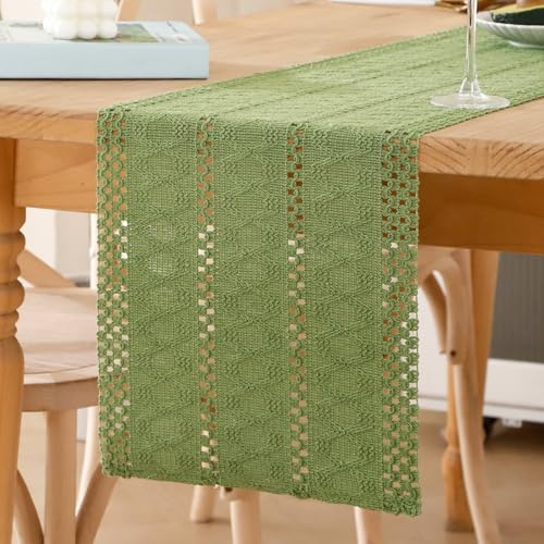 Tischläufer Grün Salbei Makramee Boho Baumwolle Leinen 30 X 200 Häkelspitze Mesh Tischband Bauernhaus Klein Landhausstil Läufer Tisch Modern Böhmische Dekoration für Küche Party Deko