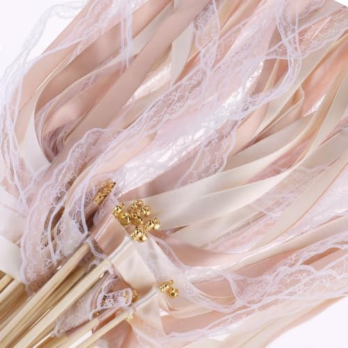 30 Wedding Wands mit Glocke und Bändern - Champagner | Romantische Zauberstäbe Hochzeit, Hochzeitsdeko für Spalier, Standesamt Deko, Auto Dekoration für Gäste