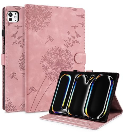 Rostsant Custodia per iPad Pro 11 Pollici M5/M4 2025/2024 (6./5. Generation), Cover Nuova in pelle PU ripiegabile da Custodia in pelle con stampa dente di leone periPad Pro 11 Pollici Oro rosa