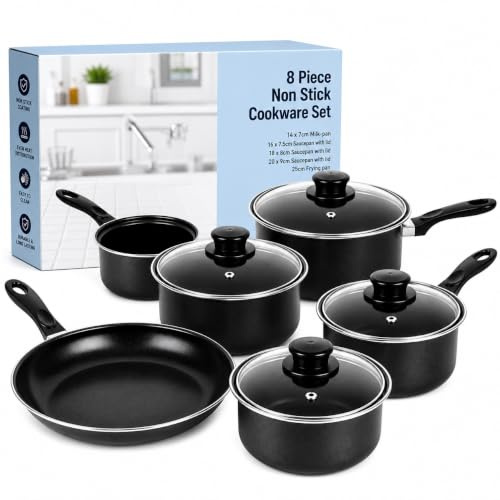 NOVAEASE 8pcs Carbon Steel Cookware Set | Hob Pots and Pans Non Stick | 20cm Saucepan with lid | 18cm Saucepan with Lid | 25cm Frying pan
