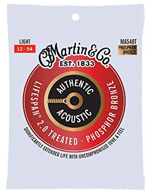 MARTIN Cuerdas para guitarra acústica, Lifespan 2.0 Light 12-54, 98/2 Bronce fosforoso (MA540T)