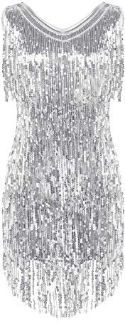 Agoky Damen Ärmellos Pailletten Kleid V-Ausschnitt Glitzer Quasten Partykleid Flapper Kostüm Tanzkleid Samba Tango Latein Outfits Silber M