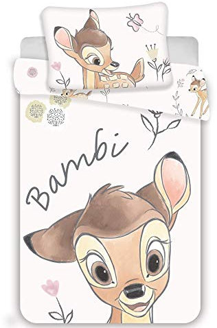 Arle-Living 3 TLG. Baby/Kinder Bettwäsche Motiv: Bambi mit Blumen - renforcé 100x135 cm + 40x60 cm + 1 Spannbettlaken 70x140 cm - 100% Baumwolle (Bambi Blumen)