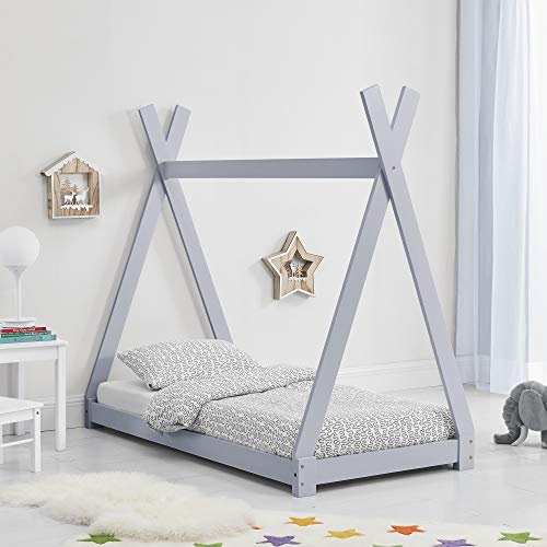 [en.casa] Kinderbett Onejda im Tipi-Design aus Kiefernholz Jugendbett Holzbett Hausbett 80x160 cm Hellgrau