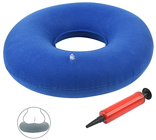 Auzkong Kissen für Hämorrhoiden, aufblasbar, orthopädisch, Sitzring, Hämorrhoiden, Decubitus, Sitzring mit Pumpe, Donkel mit Sitzkissen, 1 Stück (blau)