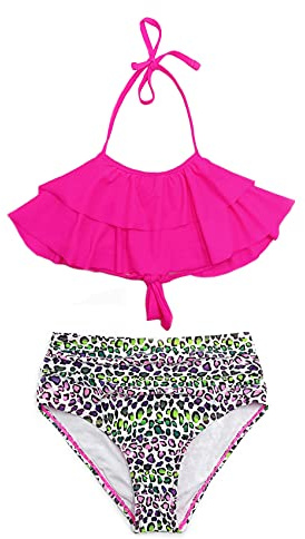 SHEKINI Maillots de Bain Deux Pièces Filles Imprimé Volants Réglable Halter Bikini Top Tankini Set Filles 2 Pièces Triangle Bas de Bikini de Plage pour 6-14 Ans(12-14 Ans,Rose Fluorescent P)