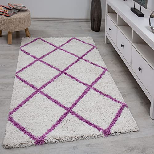 Hochflor Teppich Wohnzimmer Shaggy weich modern Rauten Muster Grau Anthrazit Creme Schwarz Rot Lila Beige, Farbe:Lila, Maße:140x200 cm