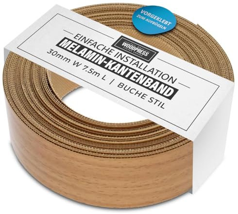 WoodPress® 30mm Beech Wood Style Laminate Melamine Edging, Pre-Glued Veneer Tape – 7.5m Roll - Iron-On for Easy DIY Application – Will Cover the Edge of a Standard MDF Panel