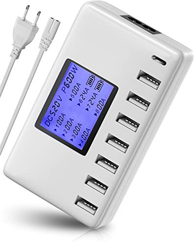 USB C Ladegerät, Ziwodiv 60W USB Ladegerät Mehrfach 8-Port Multi Ladestation Mehrere Geräte, USB C Netzteil with LCD Bildschirm, Schnellladegerät für iPhone 15/14/13/Pro/Max/Galaxy S21/Tablet