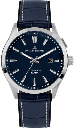 JACQUES LEMANS Herrenuhr, Hybromatic Uhren Männer, Chronograph aus massivem Edelstahl mit Silikon-Leder Armband, Herrenuhr großes Ziffernblatt - Suit for Men, Model 1-2130C, Arm Herrenuhr groß