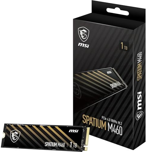 MSI SPATIUM M460 PCIe 4.0 NVMe M.2 1TB - Disque SSD Interne 1 to, PCIe 4.0 NVMe M.2, Lecture 5000 MB/s & Écriture 4500 MB/s, 3D NAND, Sécurité des Données Intégrée, Center, 600 TBW, Garantie 5 Ans