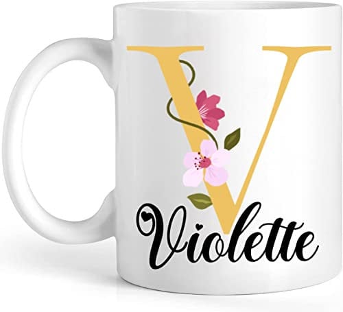 EKAM Personalised Mug Floral Gold Initial with Name, Custom Name, Personalised Mug, Customised Gift for Mum Sister Friend Mother's Day, Birthday Gift Idea, Tea Coffee Mug (11oz)