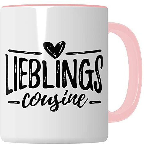 Taza de café con texto en inglés Lieblingscousine (blanco/rosa)