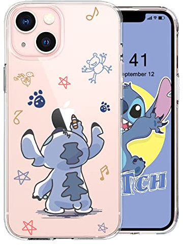 DiyGody Cute Stich Case Compatible with iPhone 13 (6.1 Inch) for Women Girls Kids,Clear Case with Blue Ear Dog Pattern Design Slim Soft Silicone Shockproof Camera Protection Cover for iPhone 13