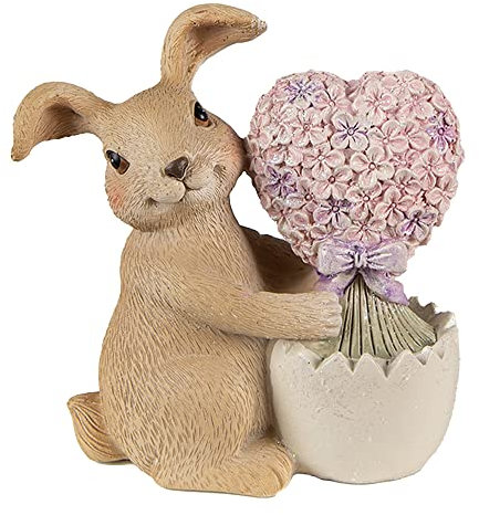 Clayre & Eef Osterhase umarmt einen Blumenstrauß in Herzform, aus farbigem Polyresin, Maße 11 x 6 x 12 cm, 6PR3833