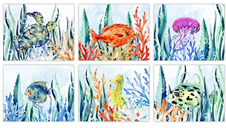 ORIGACH 6 Stück Meerestier Leinwand Wandkunst, 20x25cm Ozean Thema nautische Wanddekoration, Aquarell Seeschwalbe Qualle Seepferdchen Flunder ungerahmt Küsten Kunstwerk für Schlafzimmer Badezimmer
