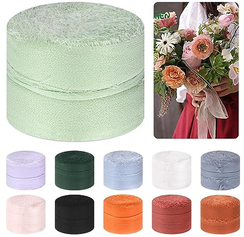 Mardatt 1 Roll 1.5 x 11 Yard Chiffon Ribbon Handmade Fringe Chiffon Silk Ribbon Fabric Ribbon for DIY Craft Wedding Invitations Bridal Bouquets(Light Green)