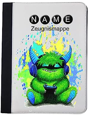 Zeugnismappe mit Name | Zeugnismappe personalisiert | mit Klarsichthüllen A4+ | Urkundenmappe | personalisierte Dokumentenmappe mit Platz f. U-Heft, Impfpass, Schwimmpass, Fahrradpass (Zocker-Monster)