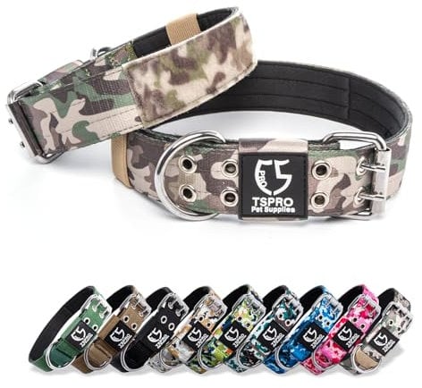TSPRO Taktisches Hundehalsband, Verstellbares Halsband Hund mit Metallschnalle und Flicken, Haltbar und Dick, für Mittelgroße bis Große Hunde (Militärgrün M+)