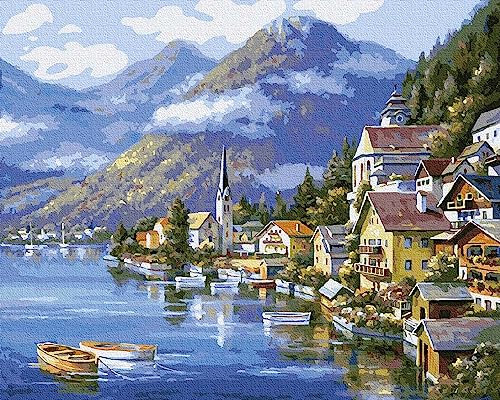 Artnapi Malen nach Zahlen Erwachsene mit Rahmen | DIY Handgemalt | Malerische Stadt in Österreich | Kit für Anfänger und Erwachsene | Set inklusive Acrylfarben & Pinsel | 40x50cm Leinwand | Geschenke