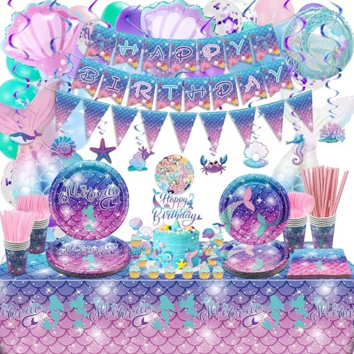 174PCS Mermaid Birthday Decorations Mermaid Birthday Banner, Mermaid Balloons, Tableware, Tablecloth, Cake Topper, Hang Swirl, Mermaid Tattoo Stickers for Girls Kids Little Mermaid Party Supplies