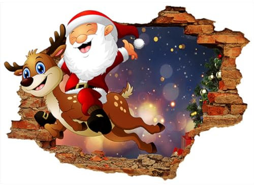 2-teilige 3d Zerbrochene Wand Elch Weihnachtsmann Wandaufkleber, Wohnzimmer, Kinderzimmer, Weihnachtsdekoration, Selbstklebende Papiertapete, 50 Bis 70cm