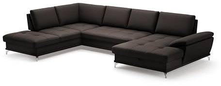 Cavadore Wohnlandschaft Castiel mit Federkern / Sofalandschaft mit großem Longchair, Sitztiefenverstellung und satinierten Metallfüßen / 363 x 89 x 223 / Echtleder, Dunkelbraun