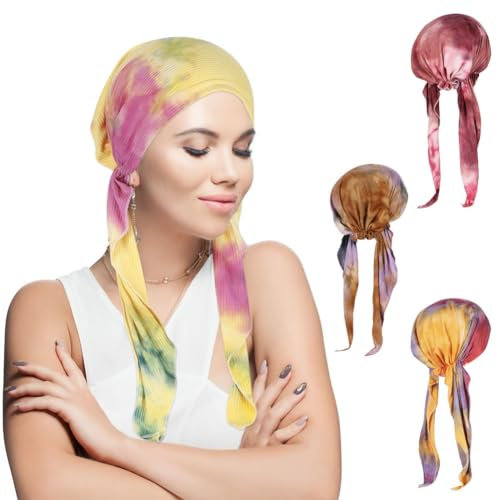 Besforta Vorgebundenes Chemo-Kopftuch, 4 Stück, bunt, Batik, Beanie, Totenkopf, Turban, Kopftuch für Damen, Frische Farben, 3-8