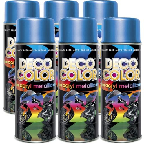 Deco Color 6er Sparpack Lackspray Metallic BLAU 400ml - Sprühlack mit Metallic Effekt für z.B. KFZ, Fahrrad uvm. (6 Dosen Lackspray Blau mit Metallic-Effekt)