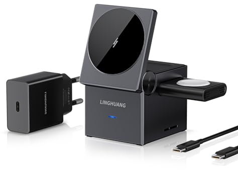 LINGHUANG QI Magsafe Ladegerät 3 in 1 für iphone Ladestation Magsafe Wireless Charger für apple induktive ladestation iphone 16 15 14 13 12 Serie Apple Watch 9 Ultra schwarz Inklusive 15W Ladegerät
