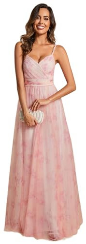 Ever-Pretty Abiti da Sera Estivo Lungo Donna Tulle Stampato Fionda Senza Maniche Scollo a V Stile Impero Vestito da Damigella Chic Rosa 48