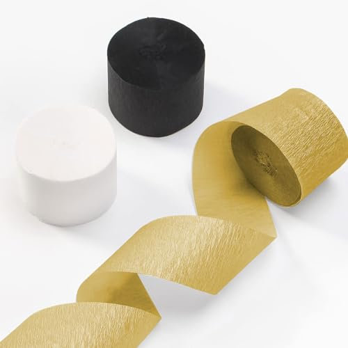 ZYOOO 6 Rollen Krepppapier Schwarz Gold und Weiß,Luftschlangen (25 m pro Rolle)