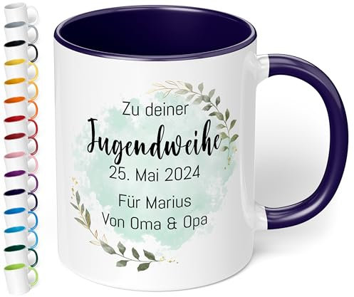 Geschenk zur Jugendweihe Konfirmation für Mädchen & Jungen: Tasse personalisiert „Zu deiner WUNSCHTEXT“ – Blätter-Motiv – Keramik 330ml Kommunion Firmung Taufe (Kobaltblau)