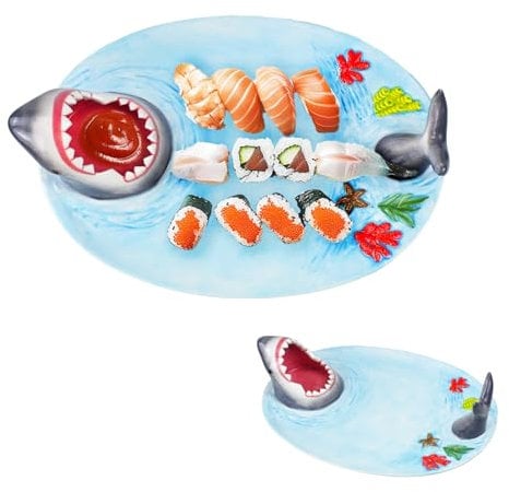 Shark Sushi Plate, Shark Attack Sushi Plate, Shark Plate with Sauce Compartment, Shark Dipping Plate - Lead-Free - Microwave/Oven/Freezer/Dishwasher Safe
