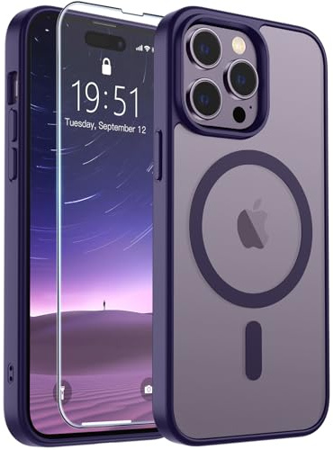 SUPFINE Magnetic for iPhone 14 Pro Max Case Dark Purple | With Screen Protector, Translucent Matte, Compatible with MagSafe, Military Grade Drop Proof, Rugged Shockproof Protective