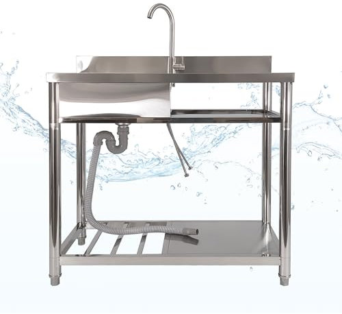 Lemodo freistehender Spültisch – Edelstahl Spültisch mit Wasserhahn, Kalt-Warm-Anschluss, Ablagefläche, mobiles Waschbecken für Outdoorküche, Gastro, Garten, Camping, Küchen Spülbecken freistehend