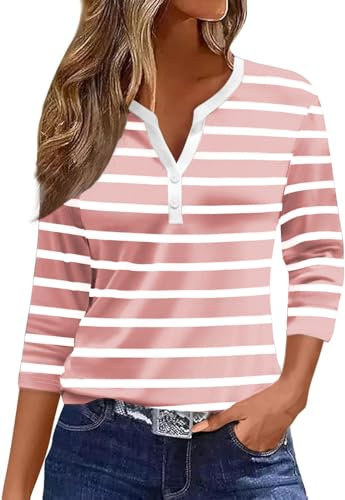 YUTILA Hauts rayés pour femme - Manches 3/4 - Col en V - Rayé - Bloc de couleurs - Chemisier décontracté - Streetwear - Haut Henley, Rose et blanc., M