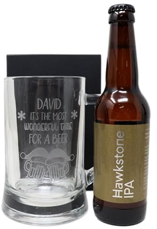 Regalo Personalised Engraved Pint Glass Tankard & Bottle of Hawkstone Beer Gift Set for Son, Dad & Grandad (IPA 4.8% vol, Christmas)