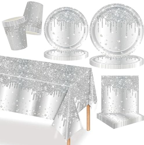 MORAINJAY Set di stoviglie in argento, 69 pezzi, piatti di carta, tovaglia, bicchieri, tovaglioli, per feste di compleanno, matrimoni, anniversari, feste di festa, decorazione da tavolo di compleanno