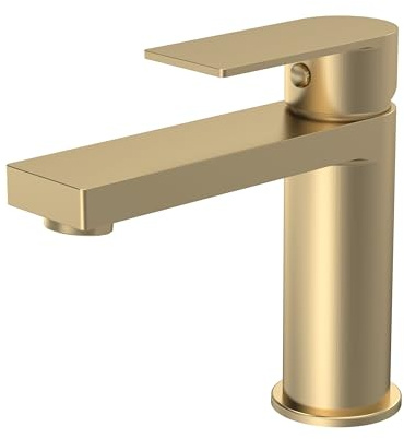 Balterley Bathroom Sink Taps, Mono Basin Mixer Tap with Push Button Waste, Single Lever Temperature Control Bathroom Tap, Round Body, Flat Square Tip Spout Taps - 50 x 166 x 149mm (Brushed Brass)