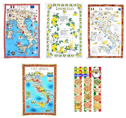 Generico Geschirrtuch-Set 5 Handtücher Italien Limoncello Pasta Wein Pizza Made in Italy typische italienische Produkte Baumwolle lokale Handwerkskunst Geschenkidee