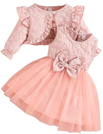 LUVCES Vestito Bambina tutù e Cardigan 2 Pezzi Set Floreale Senza Maniche con Papillon Tulle Abito Vestiti +Maniche Lunghe Cardigan Outfit per Festa di Compleanno Rosa 2-3 Anni