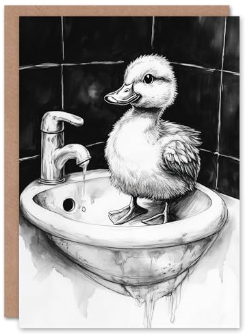 Artery8 Greeting Card Cute Duckling Sink Bath Time Black White Drawing Blank For Him Or Her Art Birthday Card