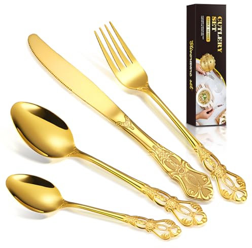 Royal Golden Cutlery Set, BILLION DUO 24 Piece Cutlery Set Flatware Set for 6 People, Palace Style Mirror Polished, Dishwasher Safe, Knife Fork Spoon Cutlery for Home/Banquet/Catering