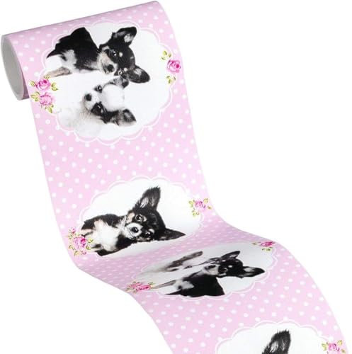 YöL Little Stars Border with Cute Dogs - White Pink Wallpaper - Nursery Toy Room - Paste The Paper