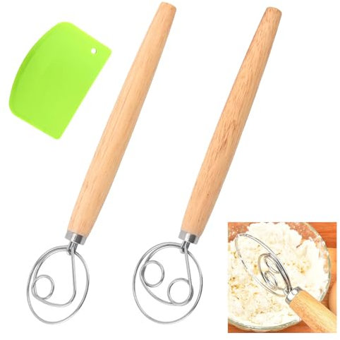 Srvauyea 3 Piezas Batidor de Masa, Batidor de Masa Herramienta, Atidora Danesa de Masa Manual, Amasadora Danesa, Atidora Manual Danés con Raspador de Harina para Bricolaje Cocina Hacer Pasteles Pan